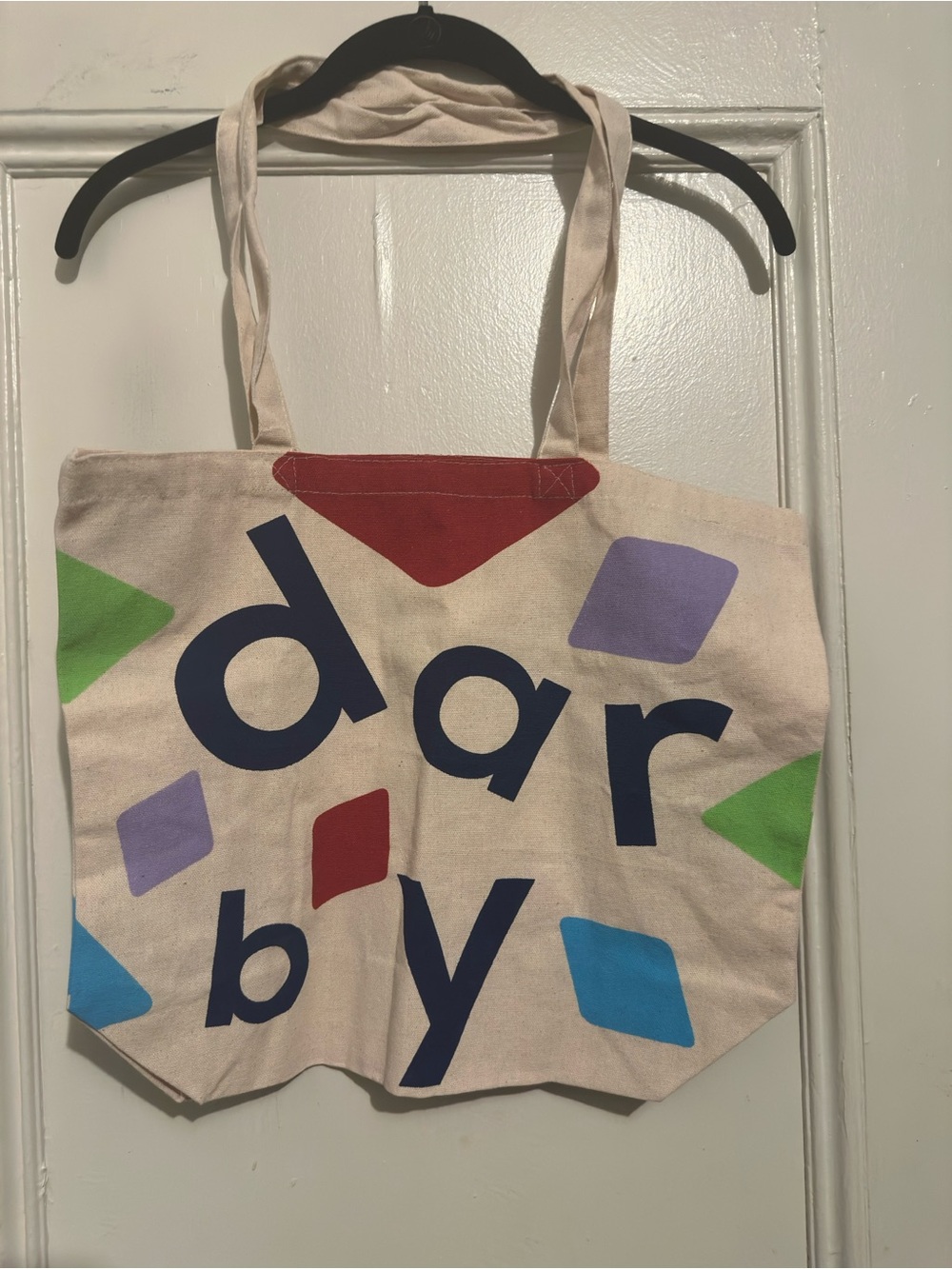 Canvas Tote Bag in Natural with Multicolor Shapes. 13.5”L x 16.5”W.